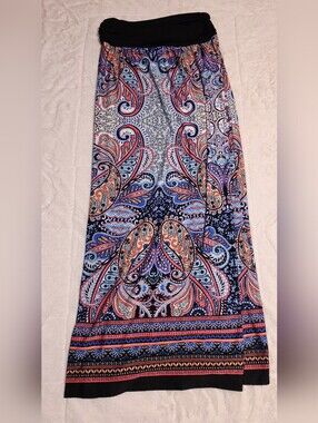 AB Studio Black-Waist Paisley Maxi Skirt with Blue and Coral Accents